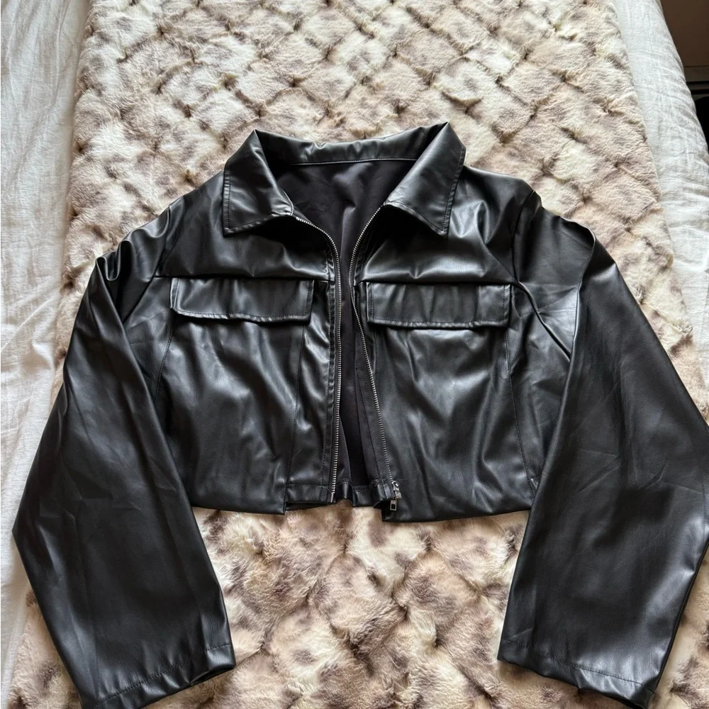 Black Leather Jacket with Gold Buckle - Picture 2 of 3